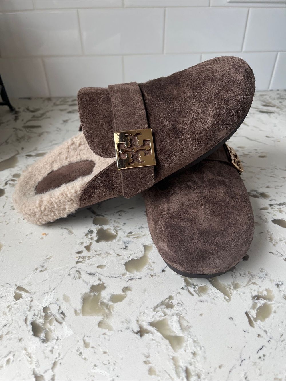 Tory Burch TB Mellow Suede shearling mule Brown 8.5 slide on clog